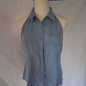 Gloria Vanderbilt Blue Sleeveless Halter Button Down Shirt